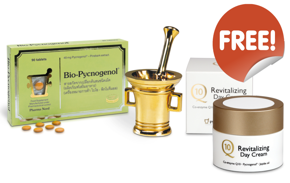 ซื้อ Bio-Pycnogenol 1กล่อง รับฟรี Q10 Revitalizing Day Cream 1 กระปุก ชุดผลิตภัณฑ์เพื่อสุขภาพผิวที่เรียบเนียน